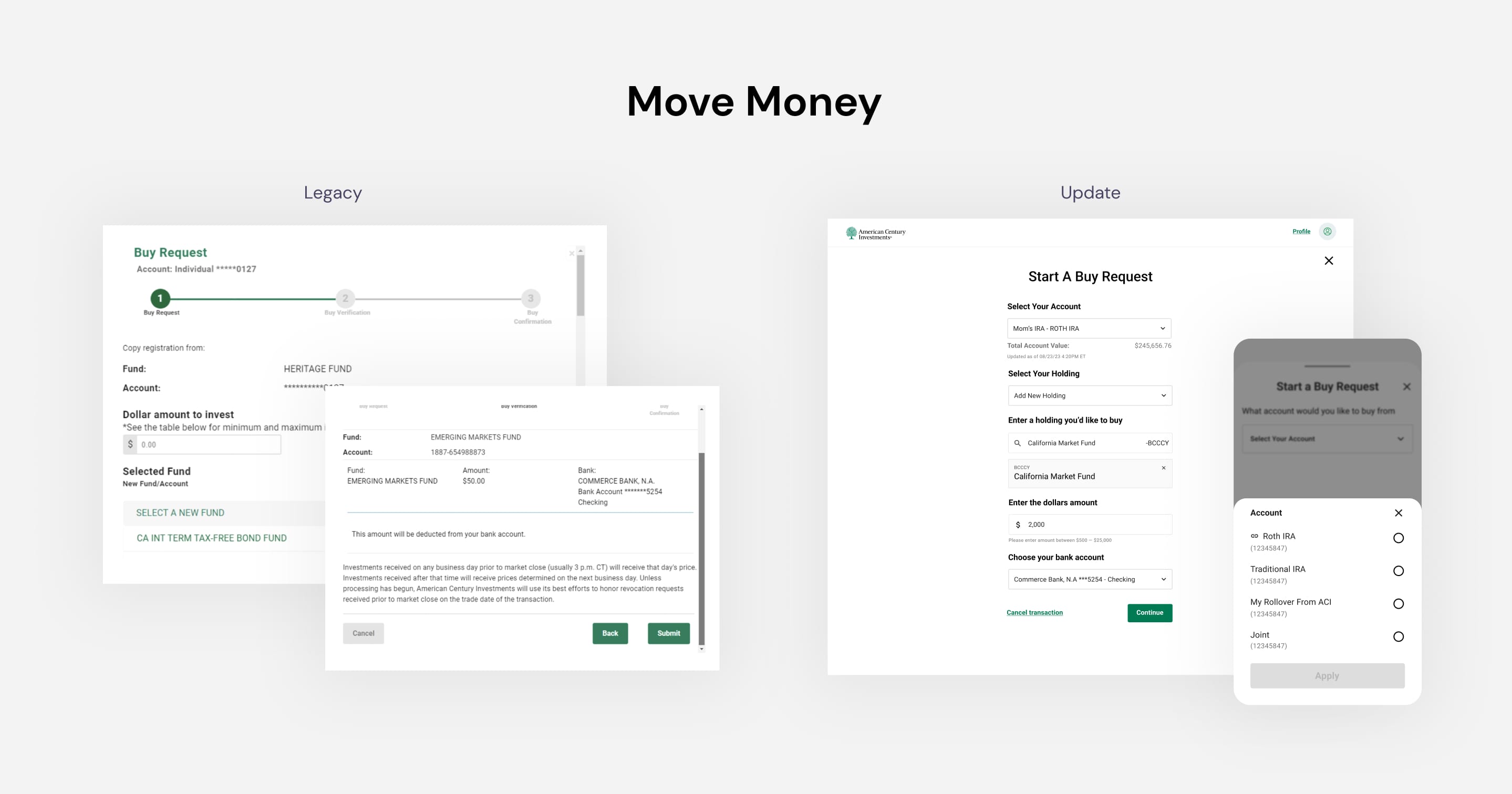 Move Money: legacy three-step modal vs. updated single-page Buy Request